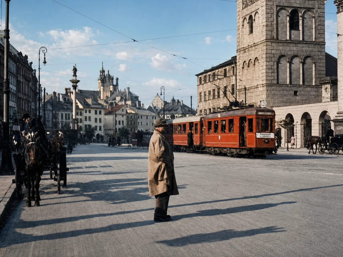 A quiet Warsaw street in the early morning of 1 September 1939, a red tram and church spires