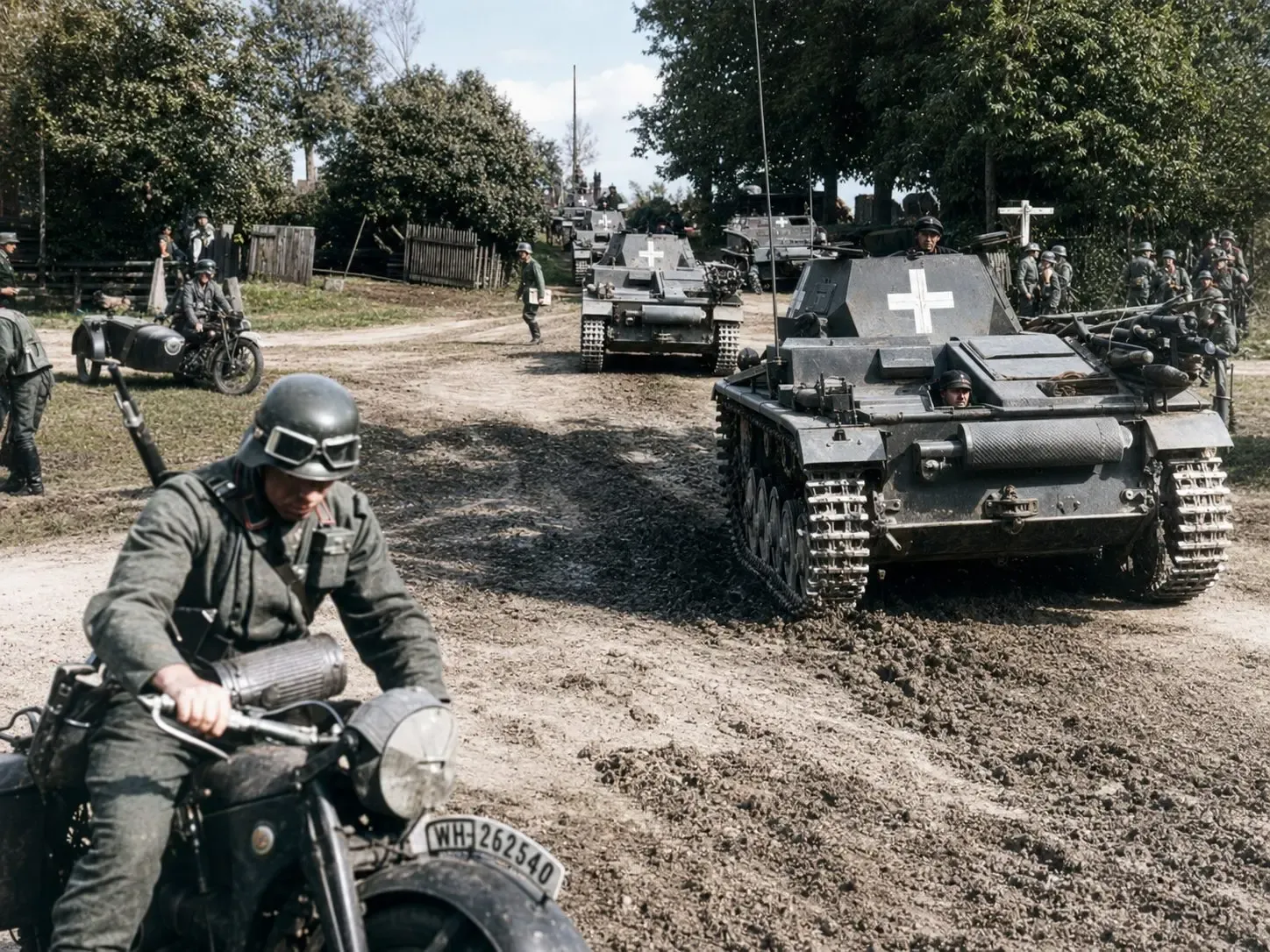 German forces crossing into Poland on the first morning of the war, 1 September 1939, colourised archive photograph