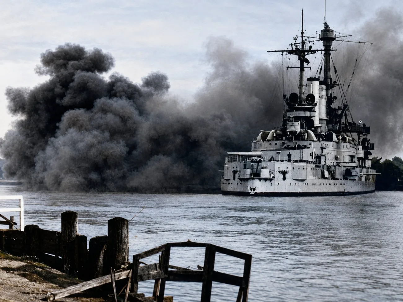 The battleship Schleswig-Holstein firing over the Westerplatte at Danzig, smoke rising behind