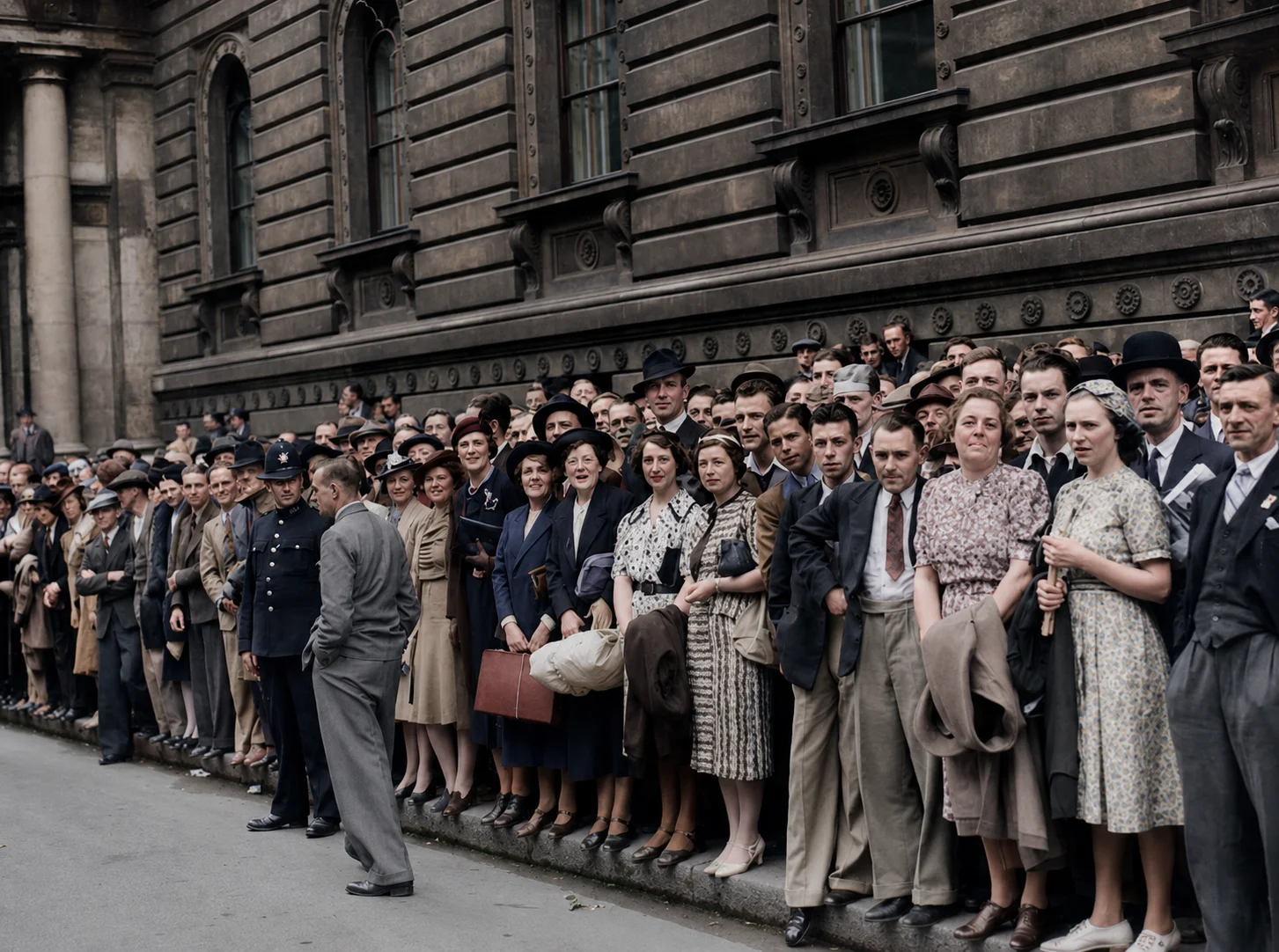 A large crowd of civilians lining the street outside 10 Downing Street, 1 September 1939